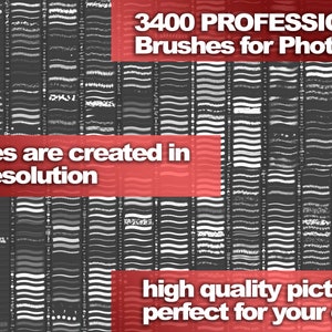 May include: A collection of 3400 professional Photoshop brushes. The brushes are created in high resolution and are perfect for creating high-quality pictures. The image shows a variety of brush strokes, including lines, dots, and swirls.