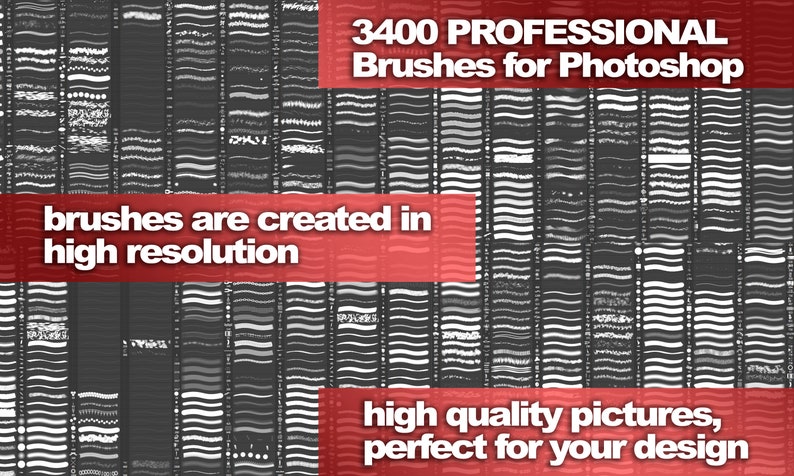 May include: A collection of 3400 professional Photoshop brushes. The brushes are created in high resolution and are perfect for creating high-quality pictures. The image shows a variety of brush strokes, including lines, dots, and swirls.