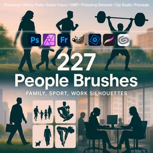 People Brushes – Family, Sport, Work Silhouettes ABR for Photoshop, GIMP, Procreate, Elements, Adobe Fresco, Affinity Photo, Clip Studio