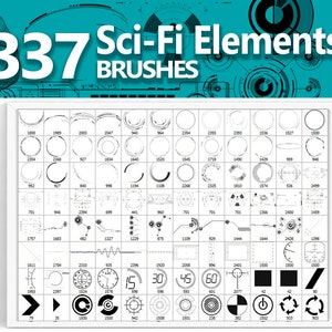 Pinceles de elementos de ciencia ficción, destellos ópticos, naves espaciales y ABR espacial para Photoshop, GIMP y más, Elements, Adobe Fresco, Affinity Photo, Clip