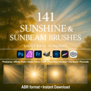 Sunshine & Sunbeam Brushes – Light Rays, Sunlight Effect ABR for Photoshop, GIMP, Procreate and More, Sun Light, Sunlight, Clipart