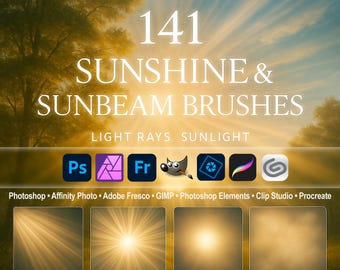Sunshine & Sunbeam Brushes – Light Rays, Sunlight Effect ABR for Photoshop, GIMP, Procreate and More, Sun Light, Sunlight, Clipart