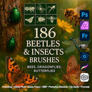 Pędzle Beetles & Insects – Pszczoły, Ważki, Motyle ABR do programów Photoshop, GIMP, Procreate, do pobrania w wersji cyfrowej, Affinity Photo, Clip Studio