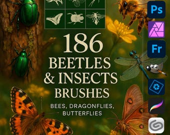 Beetles & Insects Brushes – Bees, Dragonflies, Butterflies ABR for Photoshop, GIMP, Procreate, Digital Download, Affinity Photo, Clip Studio