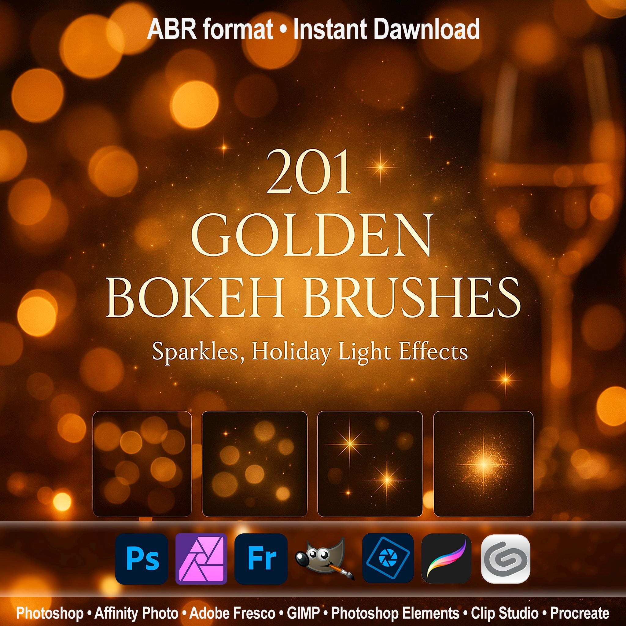 Golden Bokeh Brushes – Sparkles, Holiday Light Effects ABR for Photoshop, Procreate, GIMP & More, Sparkles effect, Golden Lights Brushes