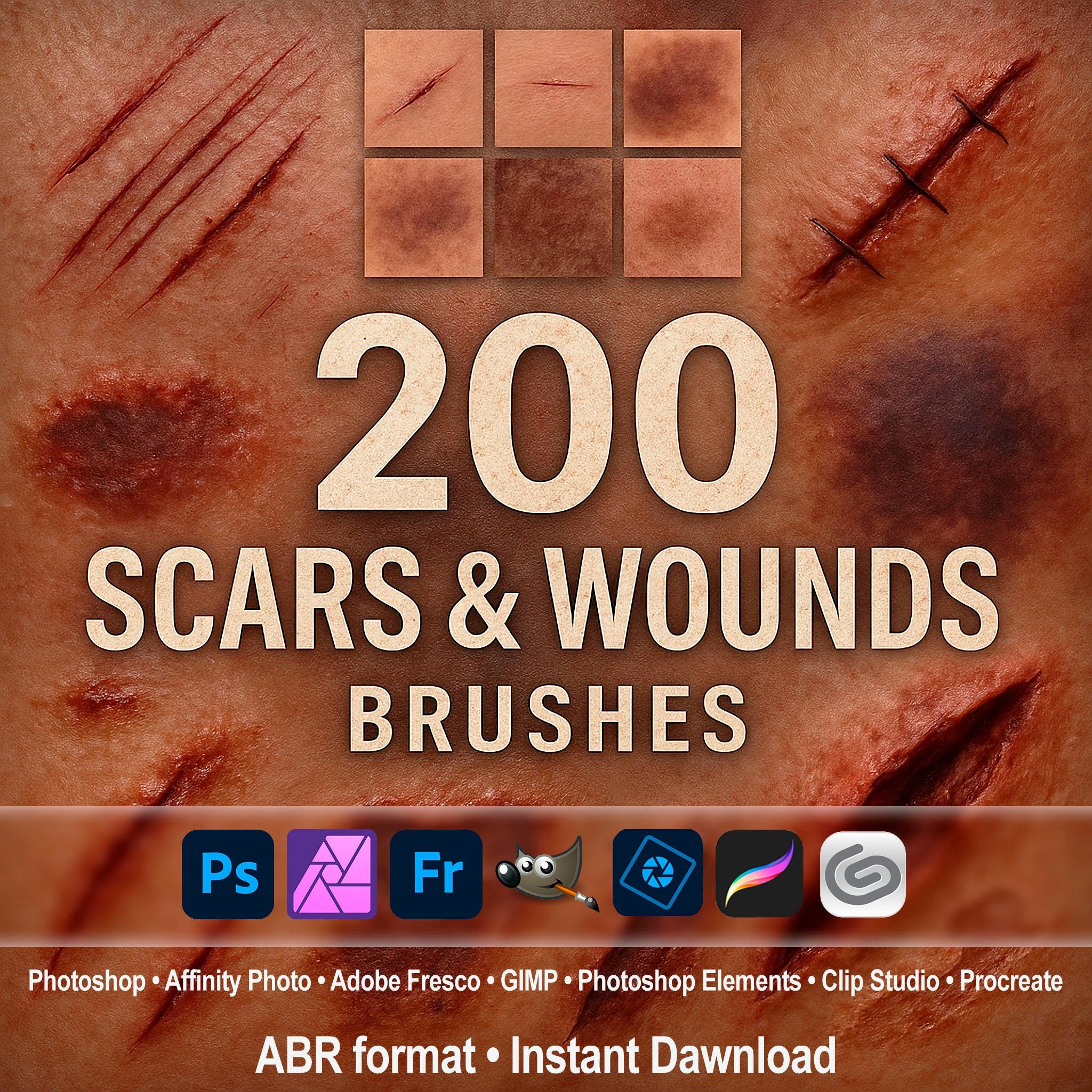 Pincéis de Cicatrizes e Ferimentos ABR – 200 efeitos de lesão, corte, hematoma e sangue para Photoshop, Procreate, GIMP, CSP, Affinity