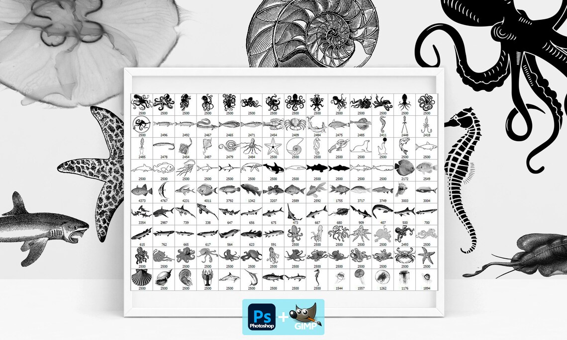 Sea Animals Brushes, Fish ABR, Sea Shells Brushes, Crab
