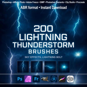 Lightning Thunderstorm Brushes ABR for Photoshop, GIMP, Procreate & More, Lightning Strikes, Sky Effects, Lightning bolt, Digital Download