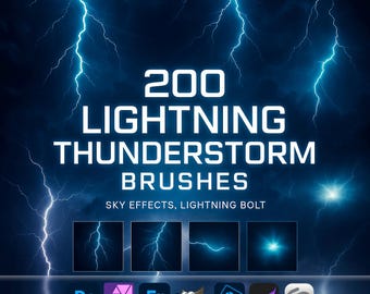 Lightning Thunderstorm Brushes ABR for Photoshop, GIMP, Procreate & More, Lightning Strikes, Sky Effects, Lightning bolt, Digital Download