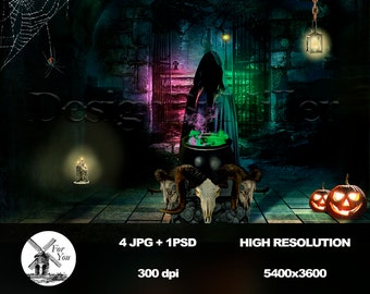 May include: A digital graphic featuring a hooded figure standing behind a black cauldron with green and pink smoke. The scene includes a spider web, a hanging lantern, a candle set, and two jack-o'-lanterns. Text reads 4 JPG + 1 PSD, 300 dpi, 5400x3600.