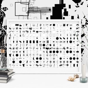May include: A framed black and white poster with a grid of various brush strokes, shapes, and textures. The poster is on a white surface with a vase, a candle, and a stack of books.