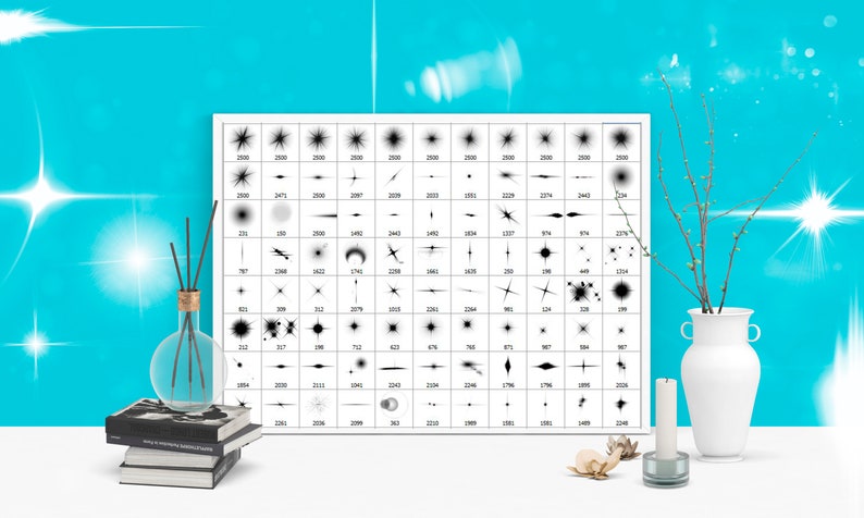 K&ouml;nnte beinhalten: Eine schwarz-wei&szlig;e Tabelle mit 225 verschiedenen Sternenausbr&uuml;chen und Lichteffekten. Die Tabelle befindet sich auf einer wei&szlig;en Oberfl&auml;che mit einer Vase mit Zweigen, einer Kerze und B&uuml;chern.