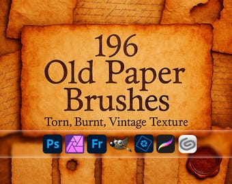 Old Paper Brushes – Torn, Burnt, Vintage Texture ABR for Photoshop, GIMP, Procreate, Paper Texture, Worn Paper, Book Pages, Old Books