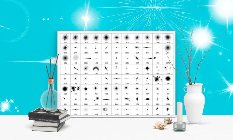 K&ouml;nnte beinhalten: Ein schwarzes und wei&szlig;es Blatt mit 100 verschiedenen Sternenausbr&uuml;chen und Glitzereffekten. Das Blatt liegt auf einer wei&szlig;en Oberfl&auml;che mit einer Vase, einer Kerze und einem Stapel B&uuml;chern.