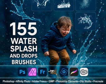 Water Brushes Realistic Splashes,  Drops ABR for Photoshop, GIMP, Affinity & More