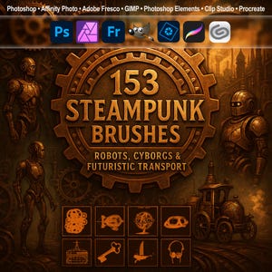 Steampunk Brushes – Robots, Cyborgs & Futuristic Transport ABR for Photoshop, GIMP, Procreate, Elements, Adobe Fresco, Affinity Photo