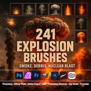 Explosion Pinsel – Rauch, Trümmer, Nuklearer Blast ABR für Photoshop, GIMP, Procreate, Affinity & mehr, Rauch, Pulver