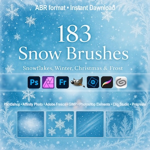 Snow Brushes – Snowflakes, Winter, Christmas & Frost ABR for Photoshop, GIMP, Procreate and More Affinity Photo