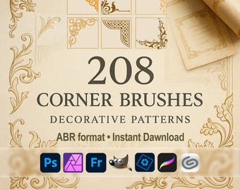 Corner Brushes – Decorative Patterns, Calligraphy & Overlays ABR for Photoshop, GIMP, Procreate, Digital downloads, Ornamentals
