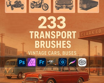 Transport Brushes – Vintage Cars, Buses, Motorcycles & Retro ABR for Photoshop, GIMP, Procreate, Digital Download, Elements, Adobe Fresco