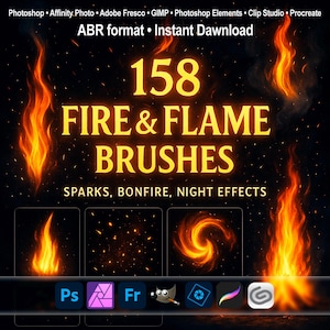 Fire & Flame Brushes – Sparks, Bonfire and Night Effects ABR for Photoshop, GIMP, Procreate, Affinity Photo