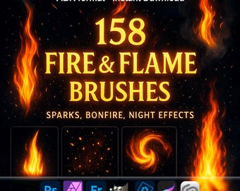 Pinceles de fuego y llamas: chispas, hogueras y efectos nocturnos ABR para Photoshop, GIMP, Procreate y Affinity Photo