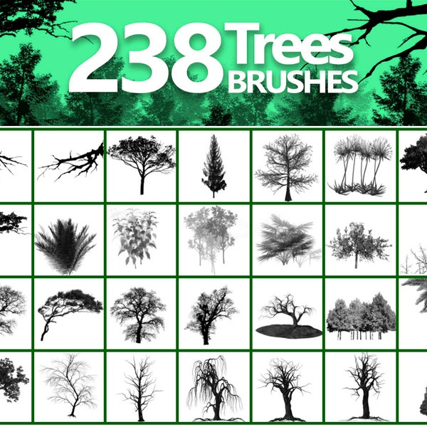 Tree Photoshop brushes, Withered tree, Dry wood ABR, High resolution brushes, Green trees, Bushes Decorative, Landscape, Digital Downloads