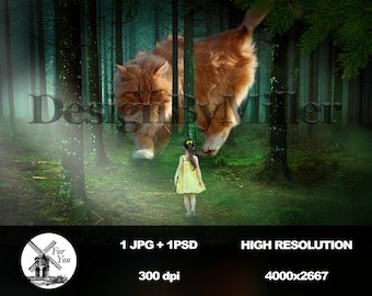 Cat in the Woods Digital Background JPG, Digital Backdrop, Big Fantasy Cat PSD, Kid in the Woods, Fantastic Overlays, Photoshop, Clipart