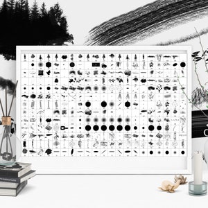 May include: A white framed poster with a grid of black and white brushstrokes and patterns. The poster is on a white surface with a white vase, a candle, and a book stack.