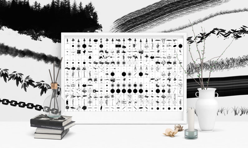 May include: A white framed poster with a grid of black and white brushstrokes and patterns. The poster is on a white surface with a white vase, a candle, and a book stack.