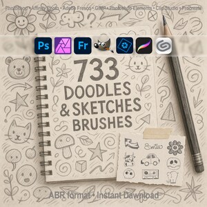 Doodles & Sketches Brushes Flowers, Speech Bubbles, Pencil Drawings ABR for Photoshop, GIMP and More