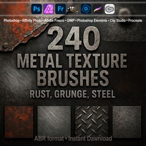 Metal Texture Brushes ABR | Rust, Grunge, Steel Overlays for Photoshop, GIMP, Procreate & More