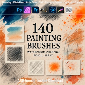 Pinceaux : aquarelle, fusain, crayon, spray ABR pour Photoshop, GIMP, Procreate, Elements, Adobe Fresco, Affinity Photo, Clip