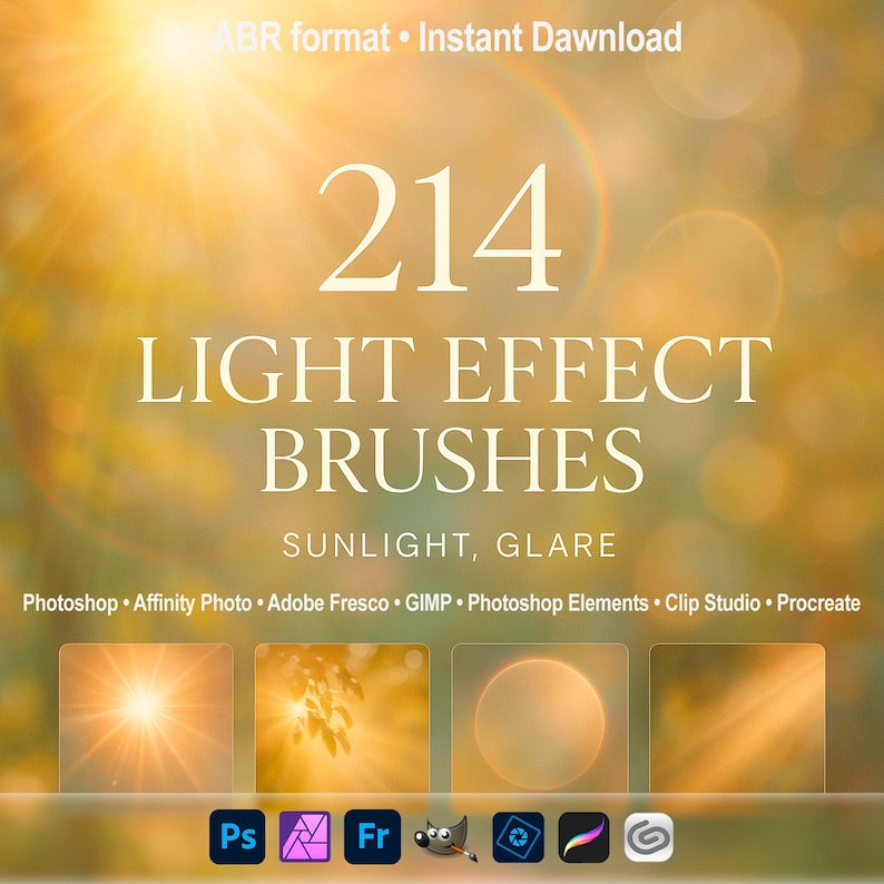 Lichteffektpinsel – Sonnenlicht, Blendlicht, Sonnenaufgang und Glühbirne ABR für Photoshop, Procreate, GIMP & mehr, Affinity Photo, Clip Studio Bild 1