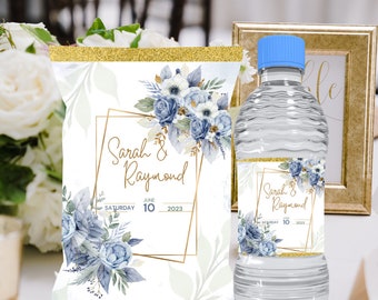 Dusty Blue and Gold Elegant Floral Watercolor Wedding chip bag template