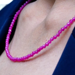JADE NECKLACE 3.30MM, perfect gift for her, bead Pink jewelry, anniversary birthday, dainty necklace, 16inch, Hot Pink, Mother&#39;s day gift