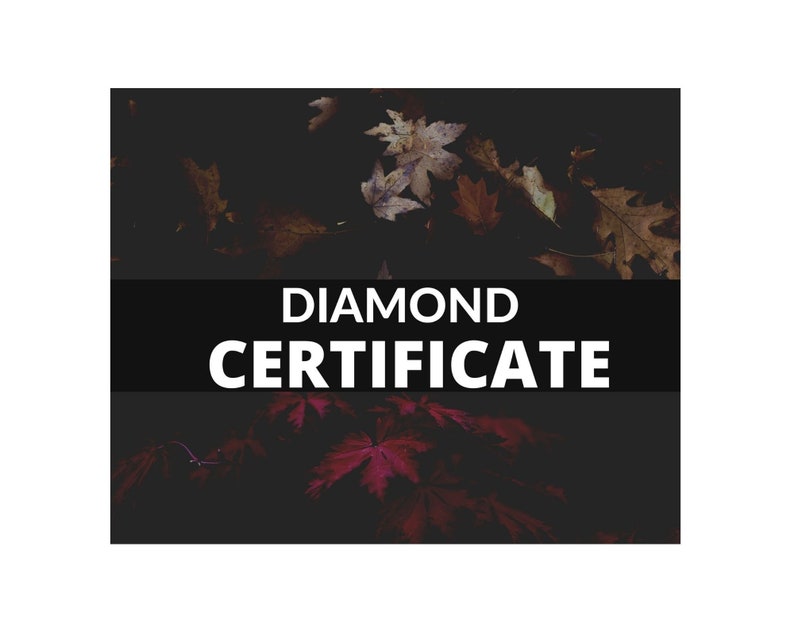 May include: A black and white image with the text "DIAMOND CERTIFICATE" in white letters on a black background. The image features a dark background with red and brown leaves.