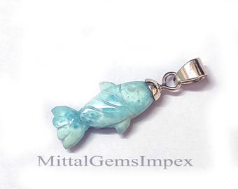 Pendentif Tortue En Larimar Bleu Ciel Plaqué Argent 925 - Fait Main Et Réglable