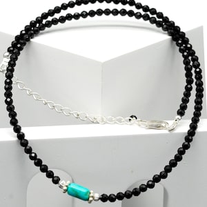 Natural Black tourmaline and Turquoise Tube Faceted Round Beads Necklace, Dainty Necklace for Women, October Birthstone, Ready to wear