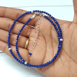 Lapis Lazuli Beaded Necklace, Semi Precious Blue Beads Necklace,gift for her, anniversary birthday, dainty adjustable necklace,3.20mm,16inch