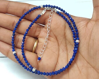 Lapis Lazuli Beaded Necklace, Semi Precious Blue Beads Necklace,gift for her, anniversary birthday, dainty adjustable necklace,3.20mm,16inch