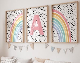 Rainbow Bedroom Prints, Rainbow Girls Room, Personalised Initial, Polkadot, Girls Prints, Baby Name Print, Home Decor, Teen, Gift