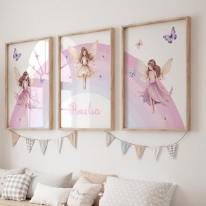 Girls Fairy Prints, Rainbow, Pink, Prints for a Girls Room, Tween, Set of 3, Kids Prints, Fairies, Children's Bedroom Wall Art