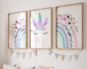 Girls Unicorn Prints, Unicorn Poster Set, Girls Bedroom Wall Art, Unicorn Decor, Floral Girls Prints, Tween Prints, Kids Room