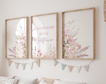 Wildflowers Prints, Baby Girl Nursery, Set of 3, Girls Room, in a Field ...