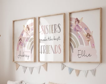 Prints slaapkamer zusters, posters gedeelde slaapkamer, kunst aan de muur meisjes, tweeling, regenboog meisjeskamer, gepersonaliseerde naam, fee, fee, meisjes, feeën, roze
