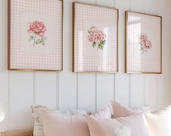 Pink Floral Nursery Prints, Botanical Flower Posters, Gingham Cottagecore, Girls Nursery Decor
