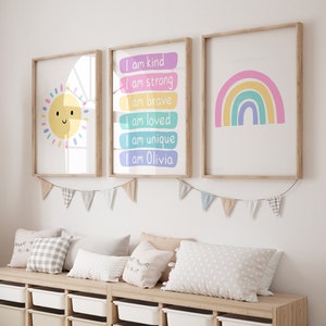 Little Girls Affirmation Prints, Preteen, Tween Room Wall Art, Bright Colourful Rainbow Prints, Rainbow, Sun, I am, Positive, Playroom