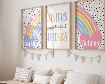 Sisters Bedroom Prints, Shared Bedroom Wall Art, Twins, Rainbow Girls Room, Personalised Name, Bright, Twin Girls Name Print, Gift