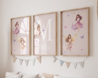 Impressions de fées pour chambre de filles, art mural fées filles, lot de 3, nom personnalisé, affiches petites filles, rose, art mural de chambre à coucher, éthéré